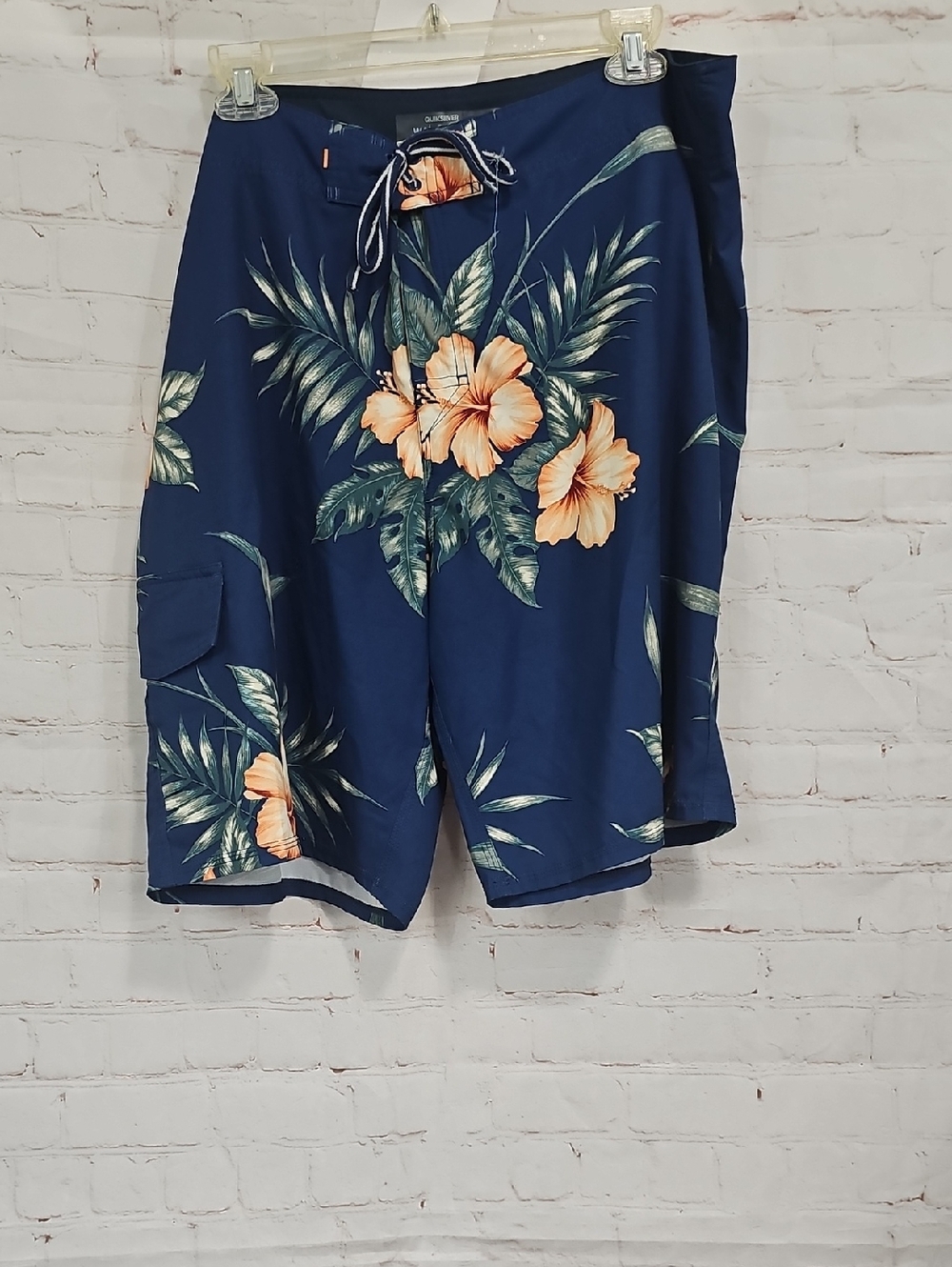 Quiksilver Navy Floral Cargo Board Shorts with Orange Hibiscus